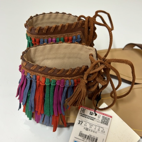 Zara Multicolored Fringe Brown Leather Sandals Size 6.5. NWT - Picture 7 of 10